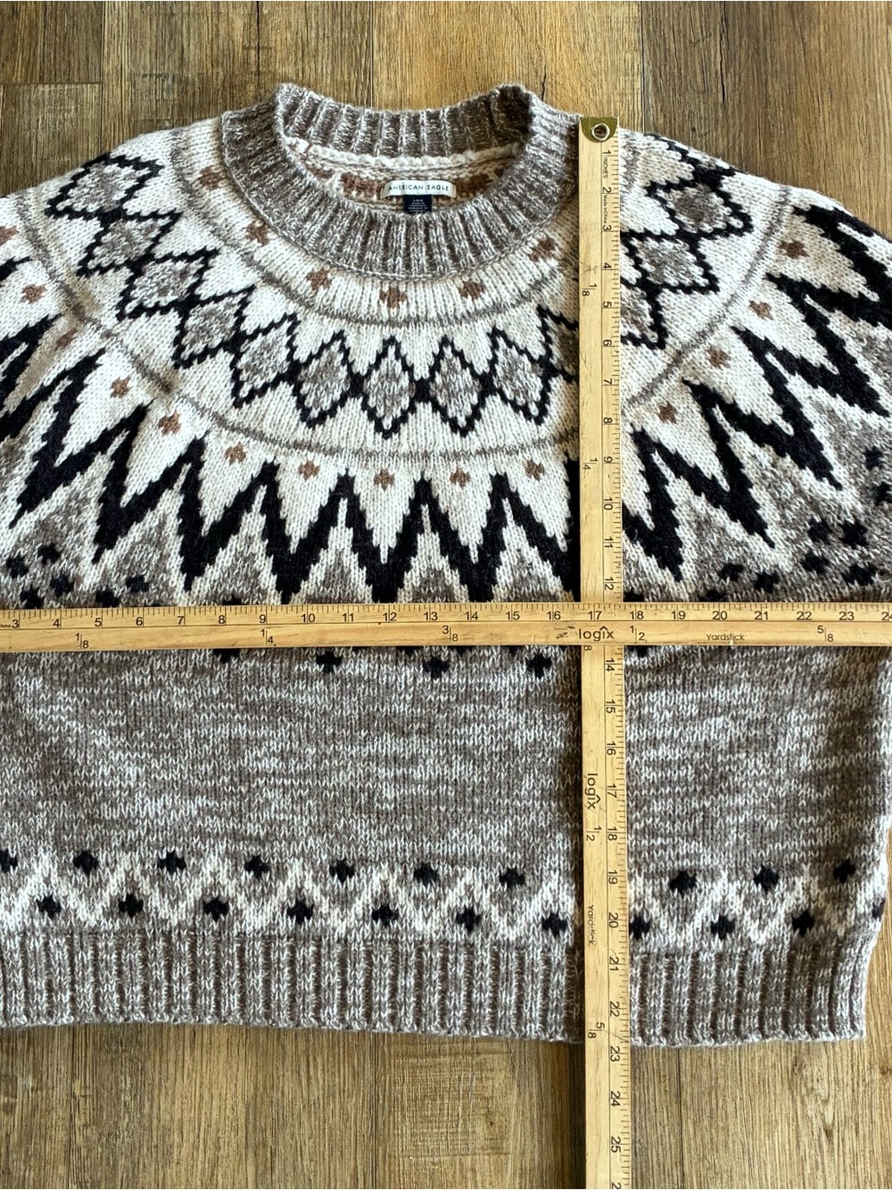 American Eagle Snow Stopper Knit Fair Isle Sweater Cropped Nordic Earthy L NWOT - Picture 7 of 7